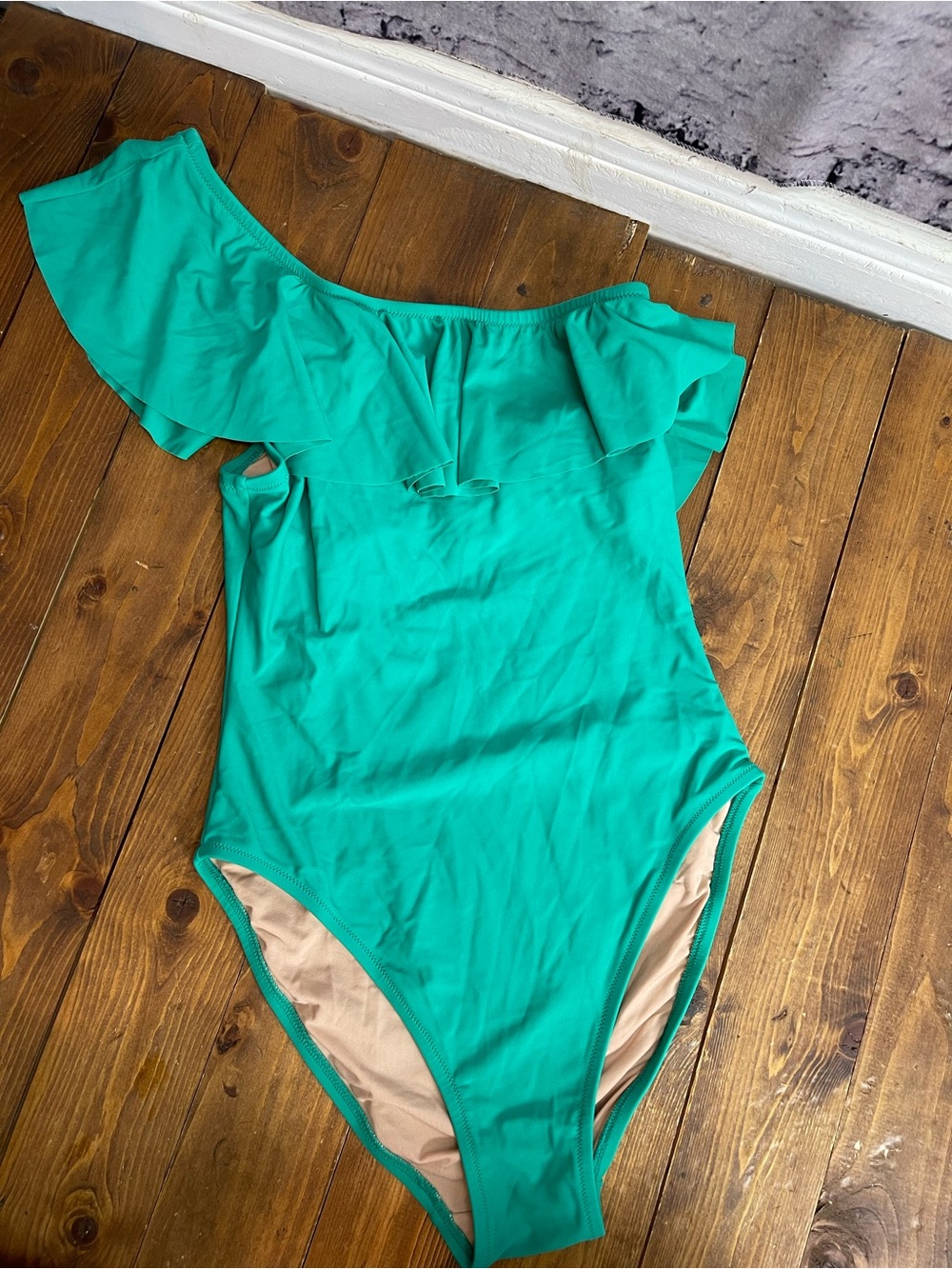 J by J Crew size small green one piece swimsuit one shoulder with ruffle